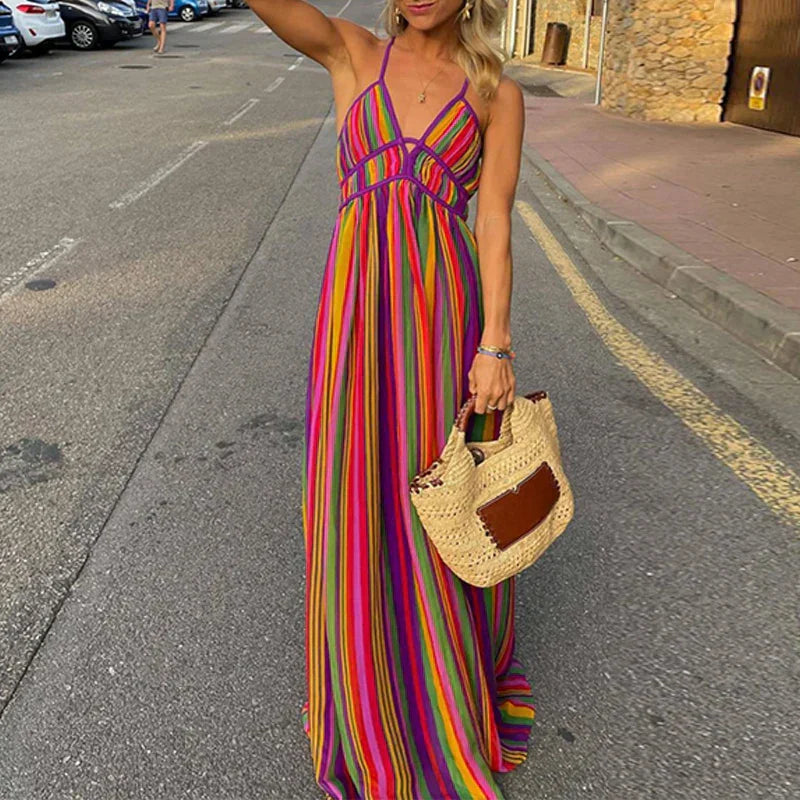 Isla - Vibrant striped maxi dress with waist cinching