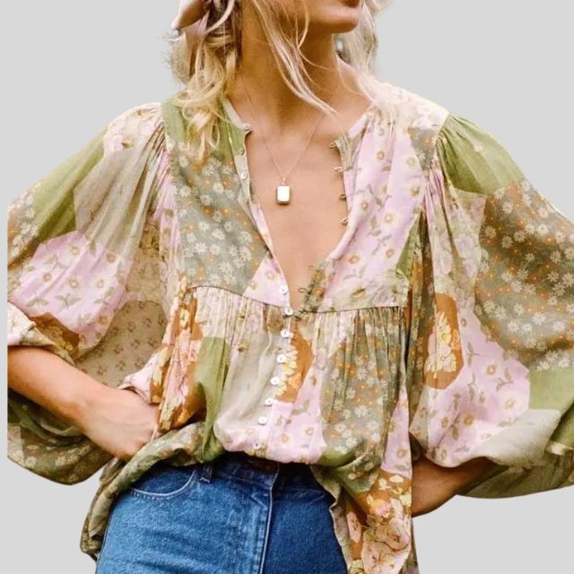 Kylie - Patchwork boho blouse with button