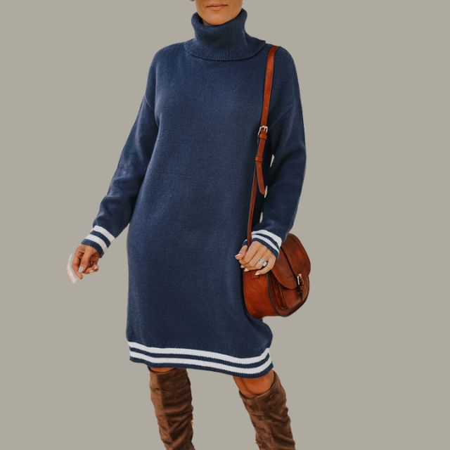 Hara - Cosy turtleneck jumper dress with contrasting stripes