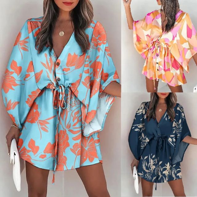 Giselle Boho Shirt Dress With V-Neck and Floral Print