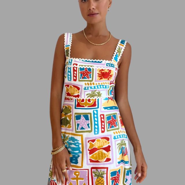 Marisol - Sleeveless A-line dress with tropical print