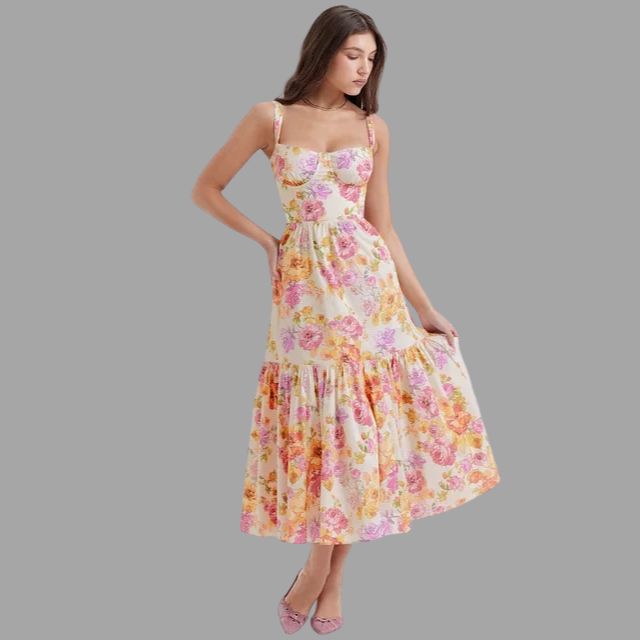 Clara - Midi dress with floral print and square neckline