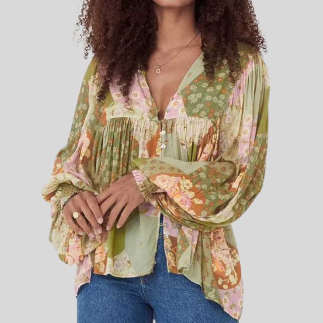 Kylie - Patchwork boho blouse with button