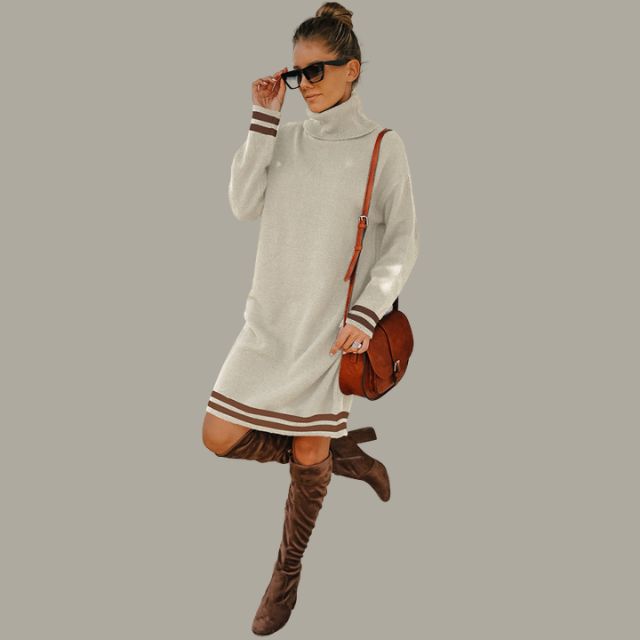 Hara - Cosy turtleneck jumper dress with contrasting stripes