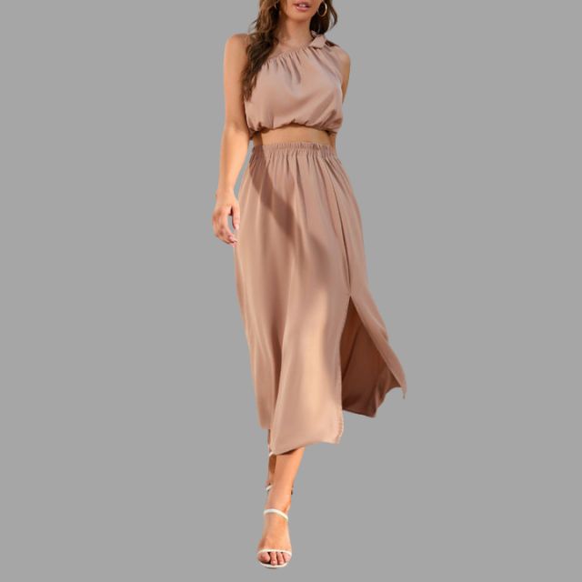 Divina - One-shoulder satin outfit set with cinched waist