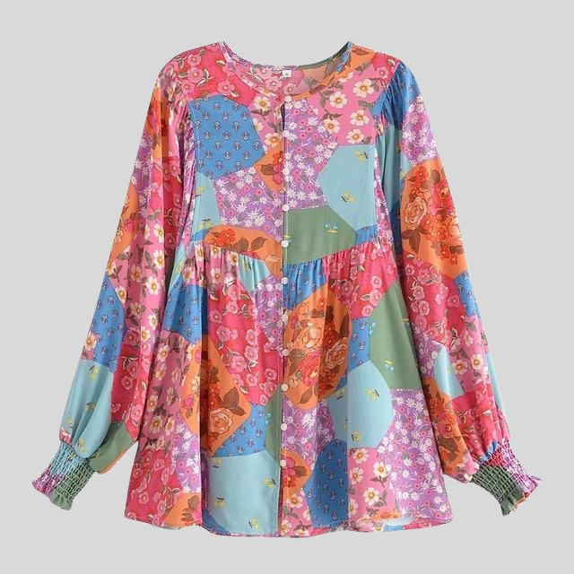 Kylie - Patchwork boho blouse with button