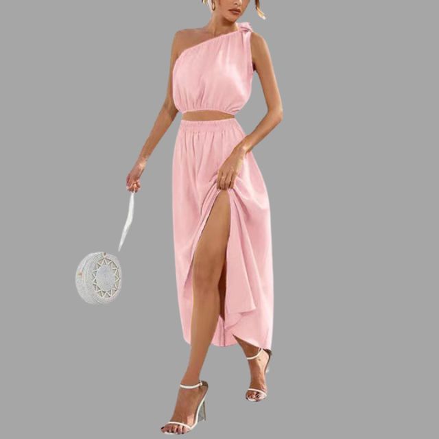 Divina - One-shoulder satin outfit set with cinched waist