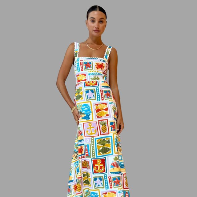 Marisol - Sleeveless A-line dress with tropical print