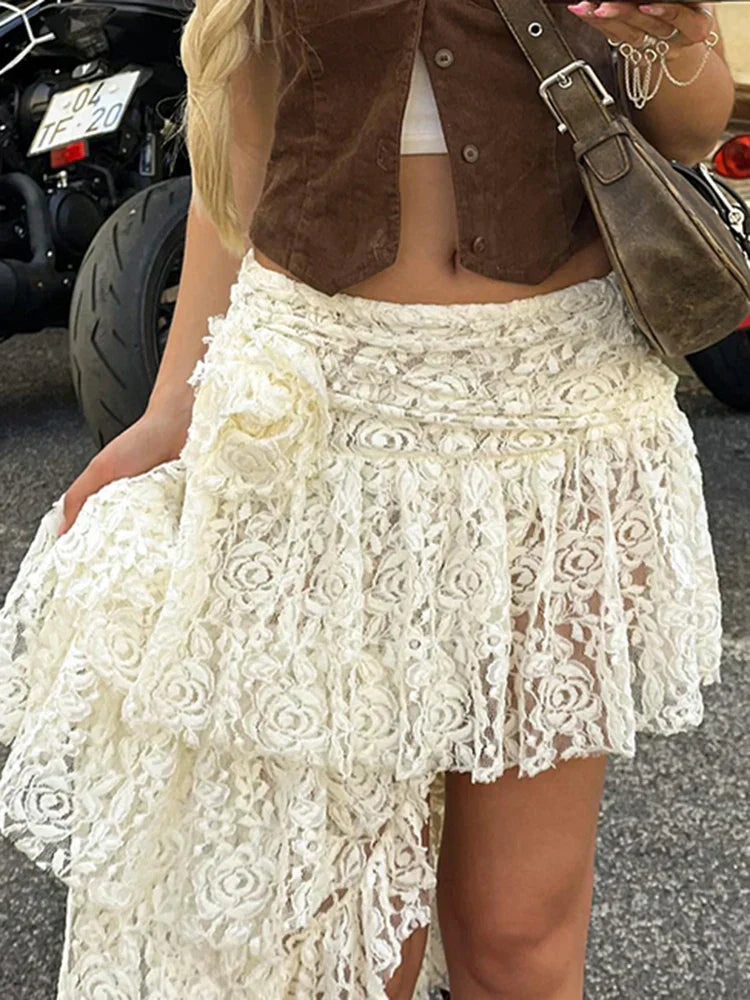 Asymmetric lace mini skirt with mid-rise waist