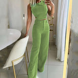 Jhara - Chic Cropped Top High Waist Long Trousers Suits