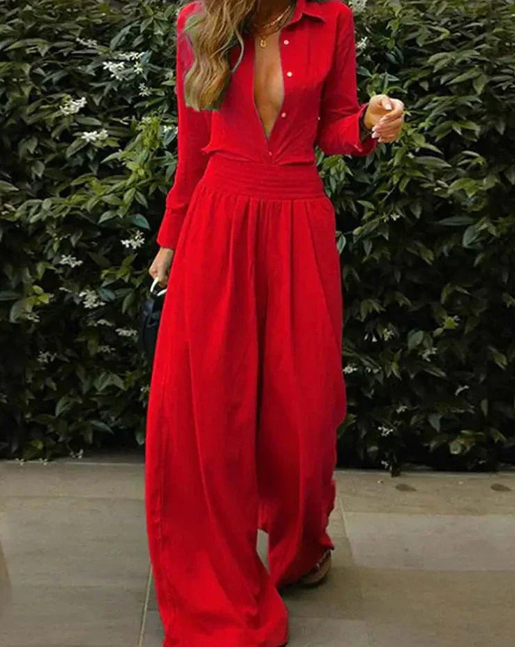 Long vintage jumpsuit with elasticated waist (2 pieces)