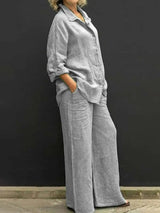 Vintage Set With Long Sleeves, Button-down Blouse and Loose Straight Trousers For Women