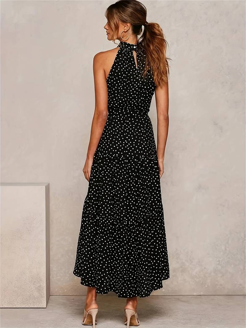 Cerelia - Jewelled neckline polka dot sleeveless dress