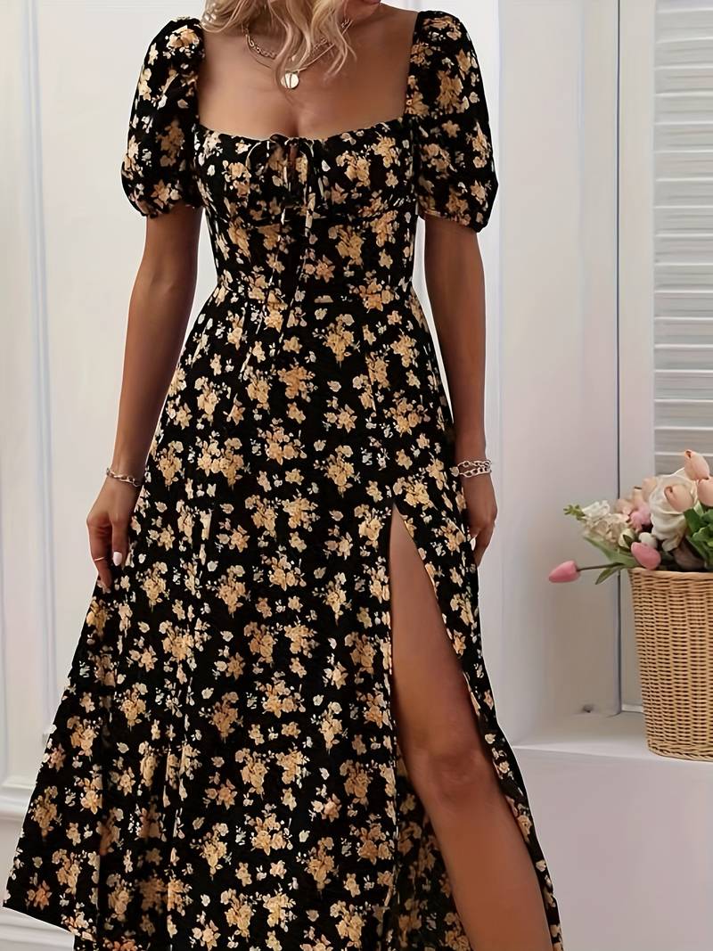 Katara - floral puff sleeves with slit dress