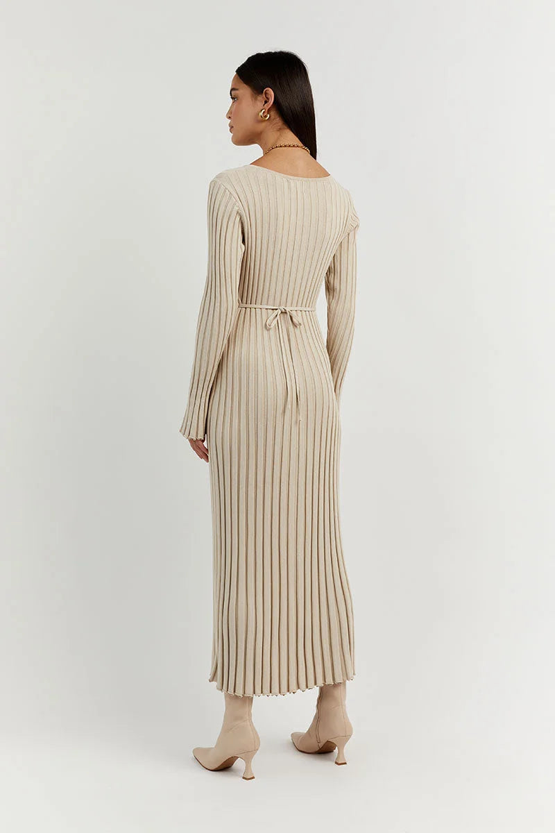 V-Neck Sleeved Knit Midi Dress