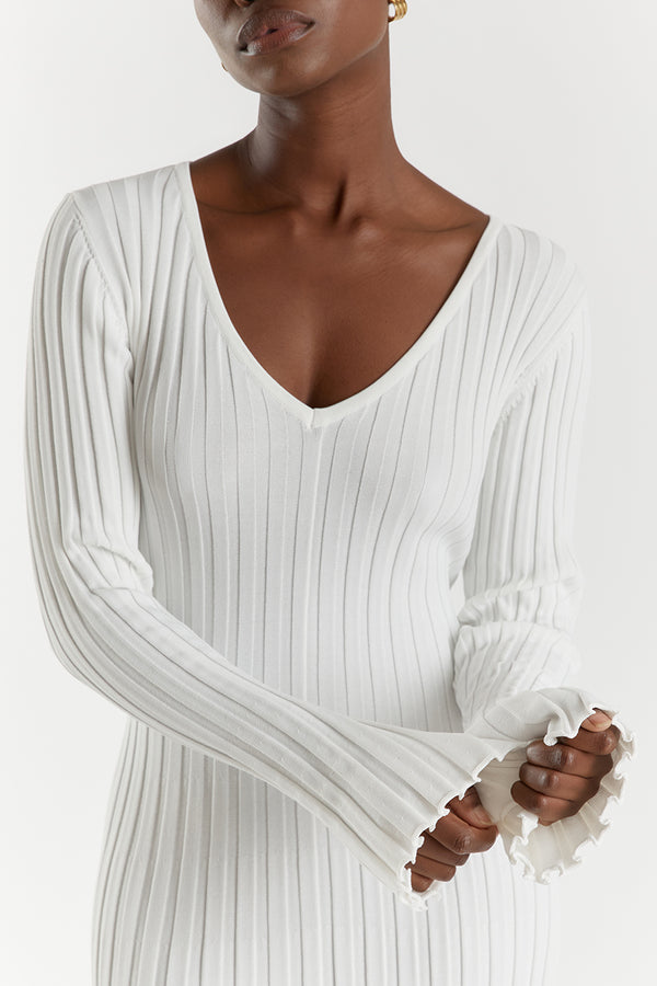 V-Neck Sleeved Knit Midi Dress