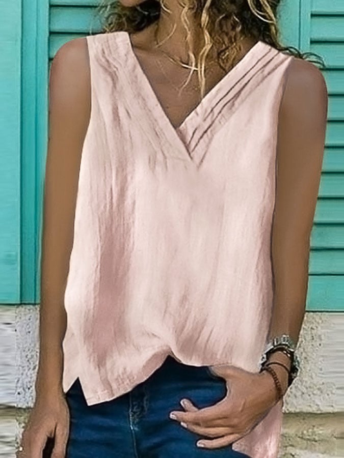 Women's V-Neck Hem Split Sleeveless Shirt