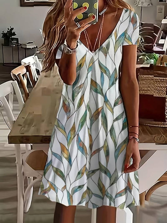 Abrielle - V-neck dress with leaf pattern