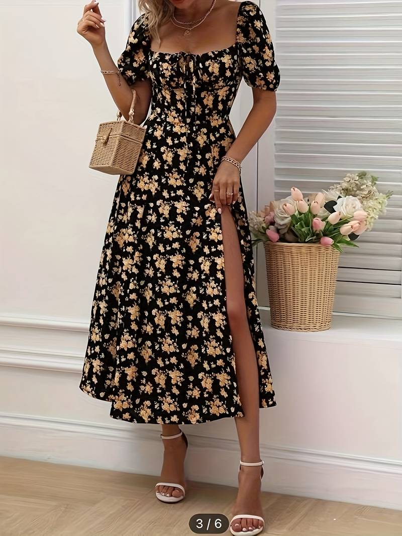 Katara - floral puff sleeves with slit dress