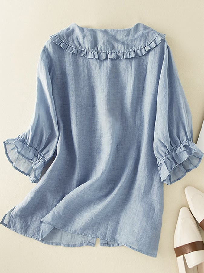 Cotton Linen Loose Peter Pan Ruffles Neck Shirt