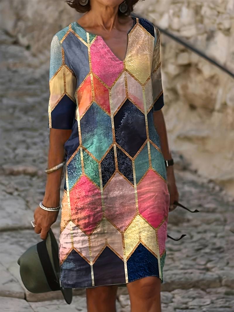 Mosaic - Long dress with V-neck and multicoloured print