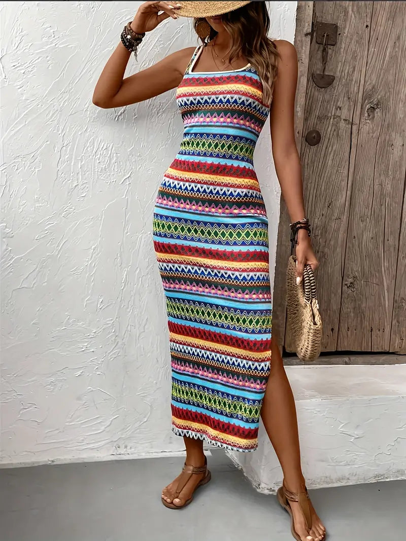 Striped Sleeveless Split Dress