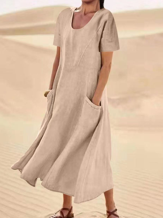 JFN Cotton & Linen Solid Color Loose Casual Pocket Dress