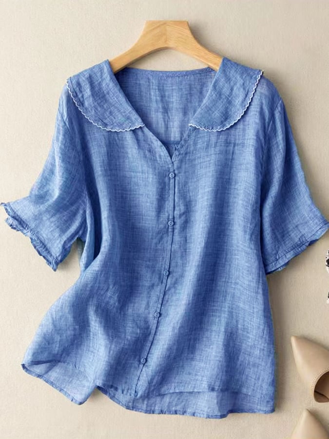 Cotton And Linen Retro Short Sleeved Navy Doll Collar Thin Shirt