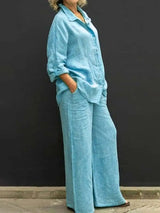 Vintage Set With Long Sleeves, Button-down Blouse and Loose Straight Trousers For Women