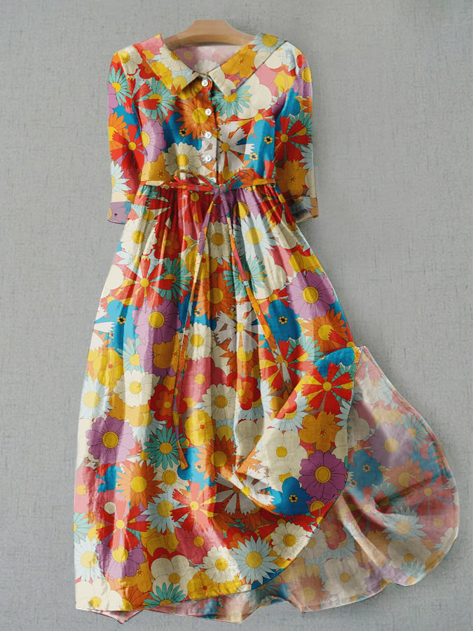 Literary Casual Floral Print Tie Loose Dress