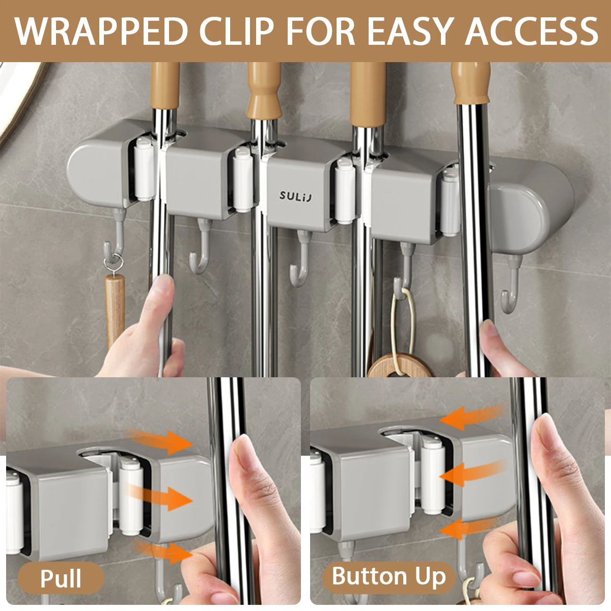 Self-Adhesive Broom Mop Holder with Hooks