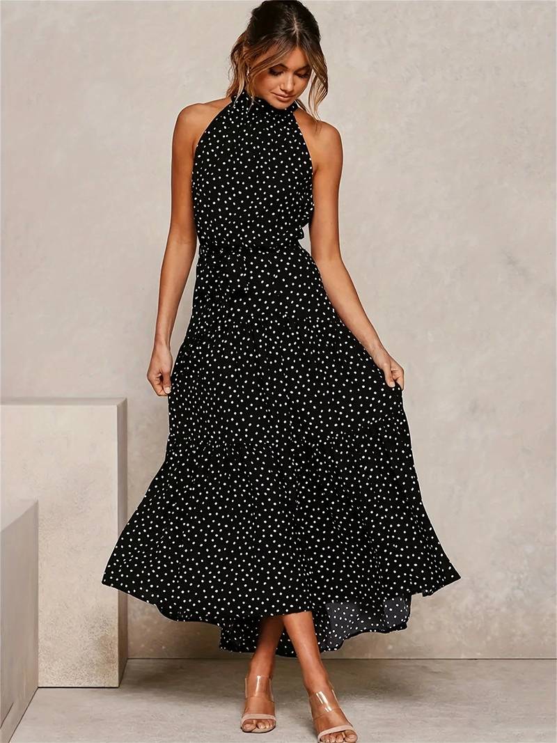 Cerelia - Jewelled neckline polka dot sleeveless dress