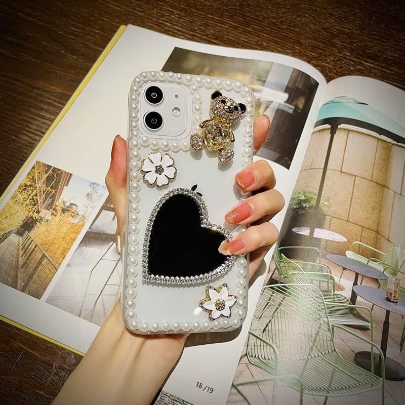 Decoden Love Heart Mirror Bling Glitter Pearl Phone Case