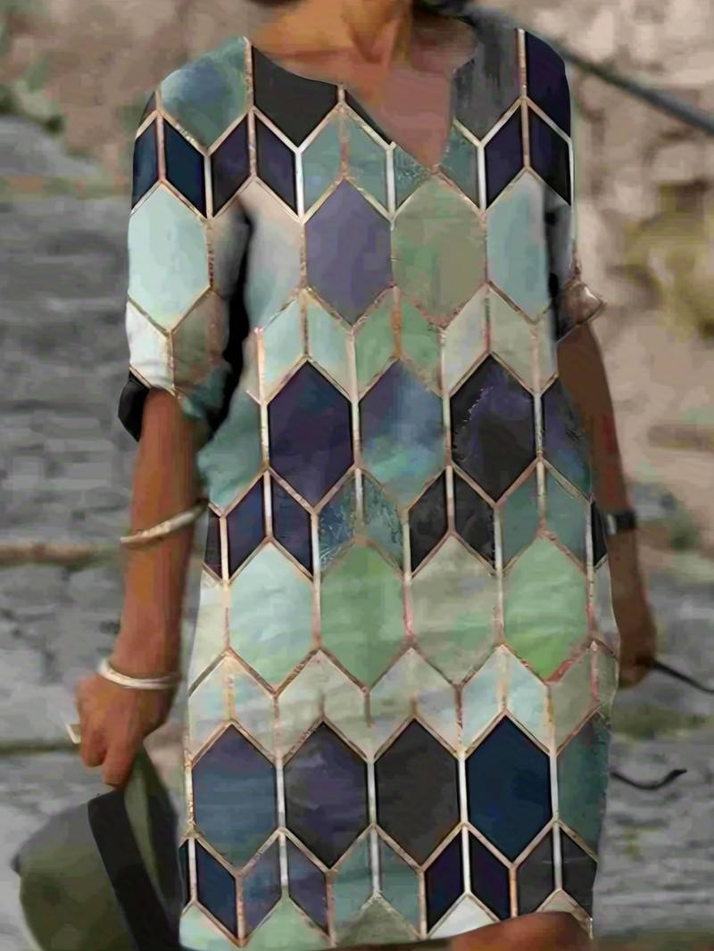 Mosaic - Long dress with V-neck and multicoloured print