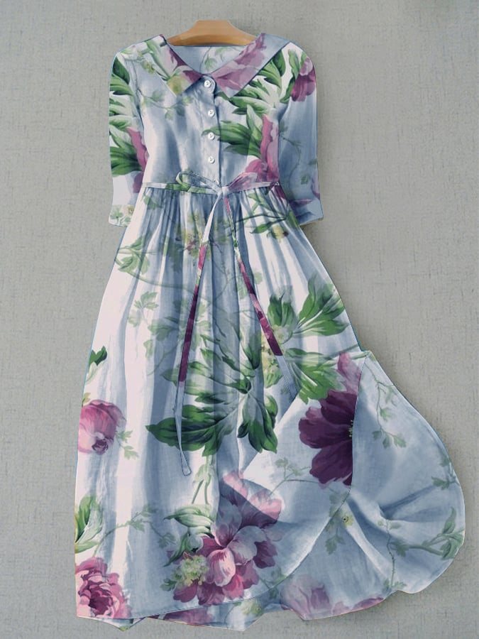 Women's Vintage Botanical Floral Design Print Lace-Up Dress