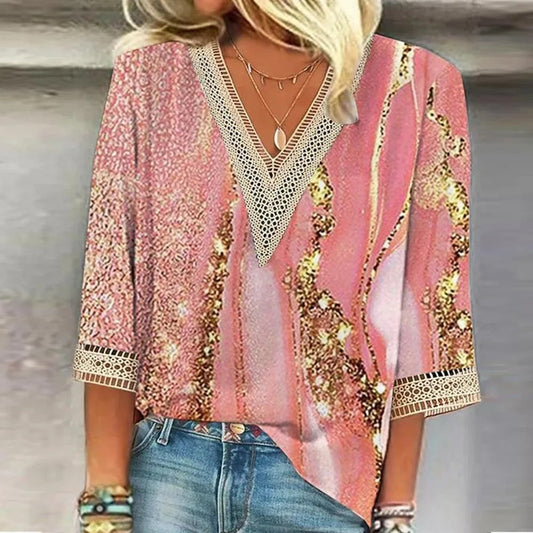 Stylish printed V-neck loose-fitting blouse for women