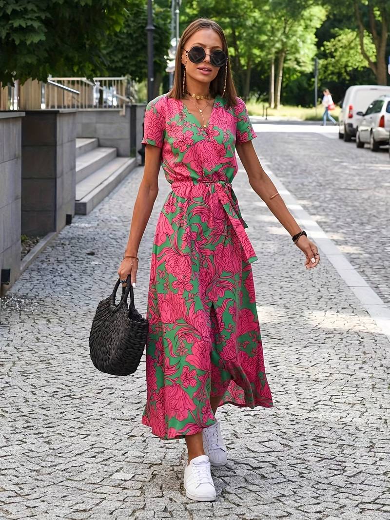 Dazzle - Floral split dress with waist bow