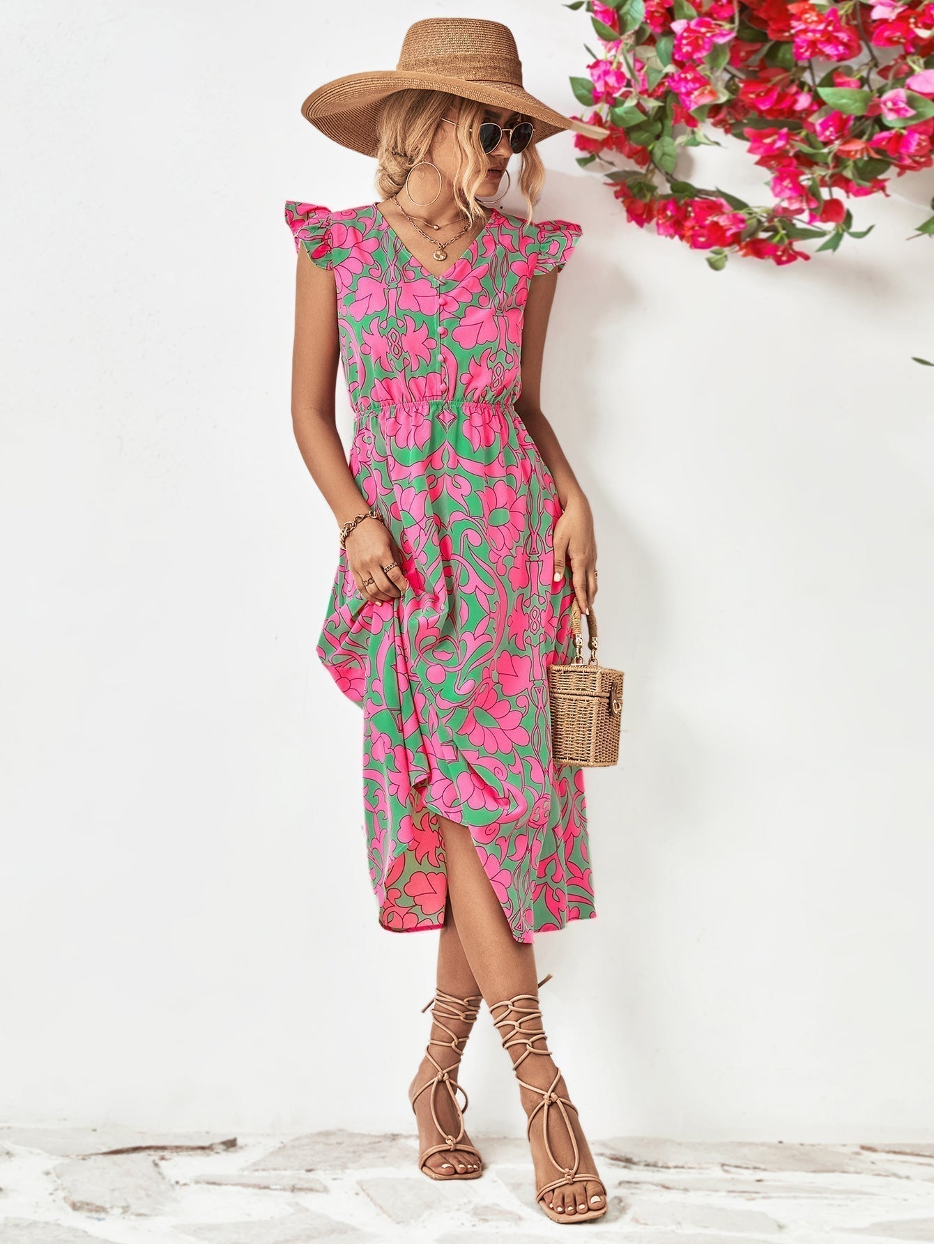 Short-sleeved dress with floral V-neckline