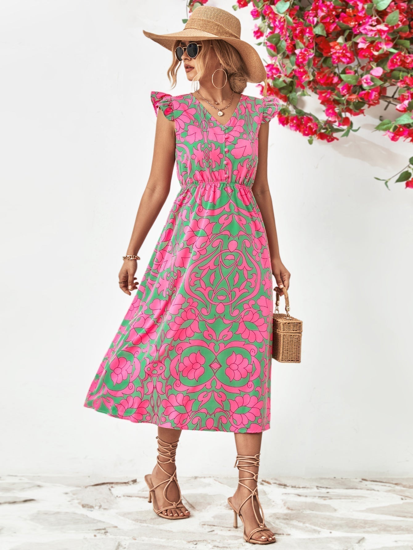 Short-sleeved dress with floral V-neckline