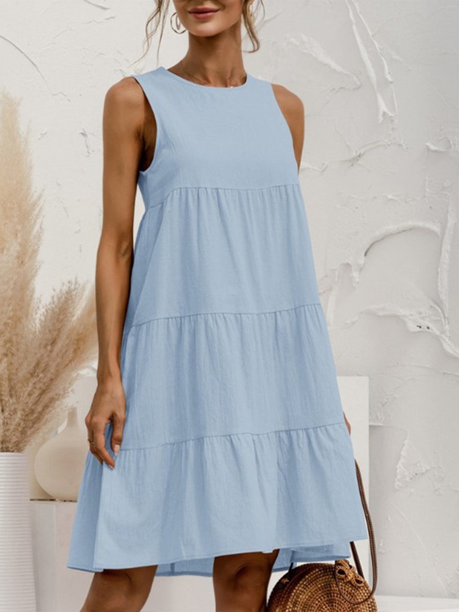 Cotton and Linen Sleeveless Crewneck Dress