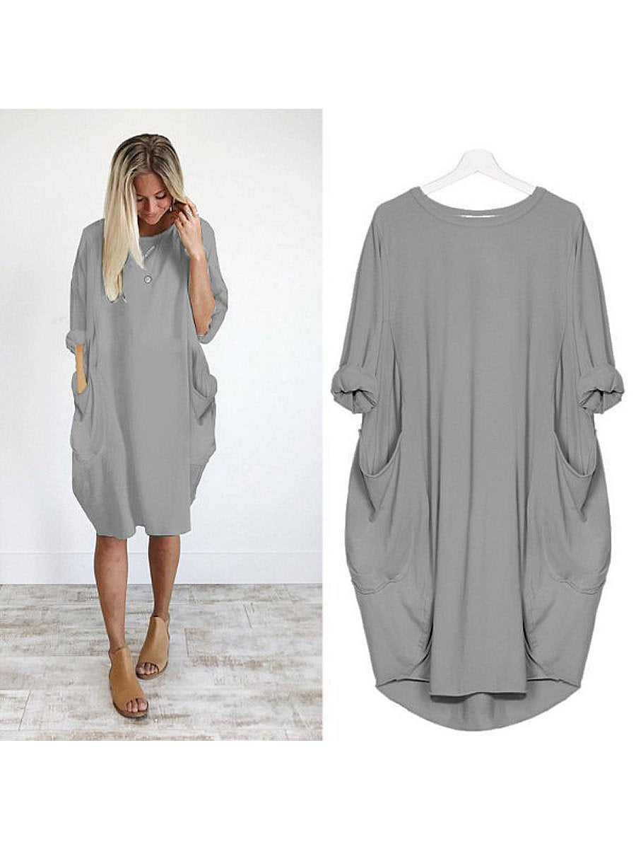 Women's Solid Color Loose Elegant Casual Long-sleeved Pocket Dress