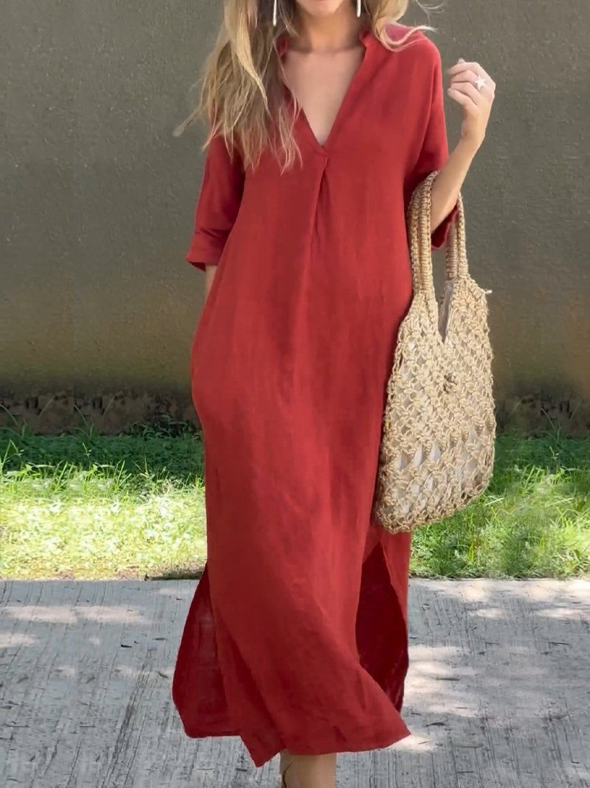 Women's Solid Color V-Neck Linen Pocket Dress