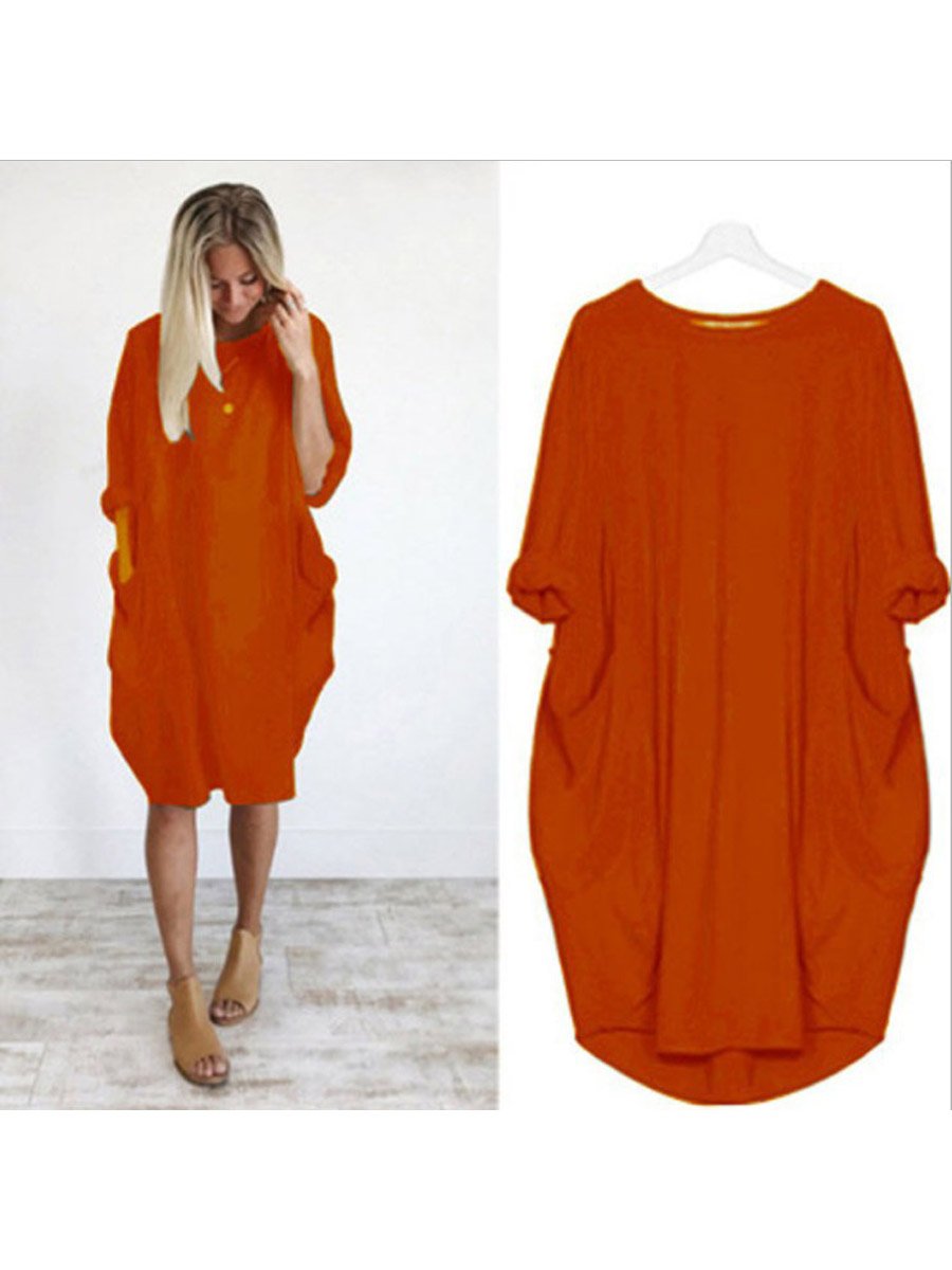 Women's Solid Color Loose Elegant Casual Long-sleeved Pocket Dress