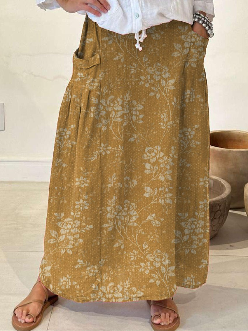 Women's Vintage Floral Linen Elastic waistband Pocket Skirt