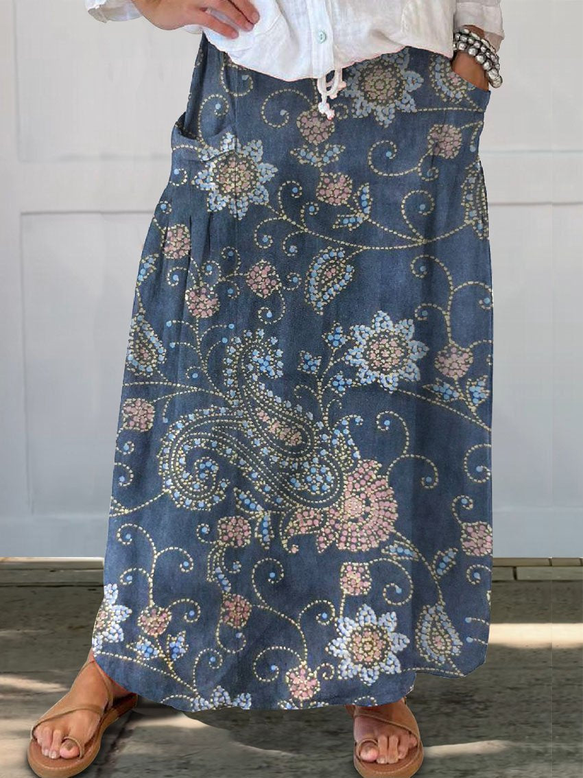 Women's Retro Floral Ethnic Pattern Art Linen Pocket Skirt