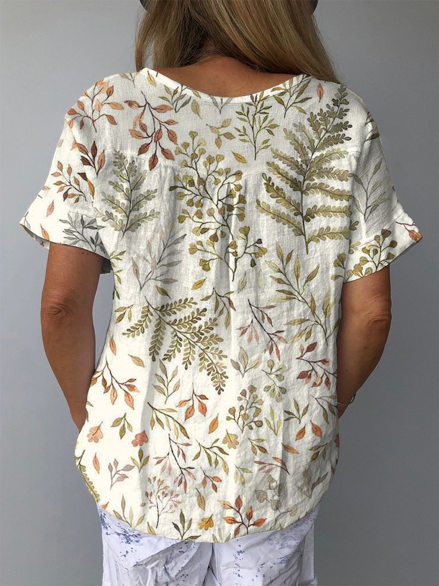 Foliage Flowers Women's Print Casual Cotton And Linen Shirt