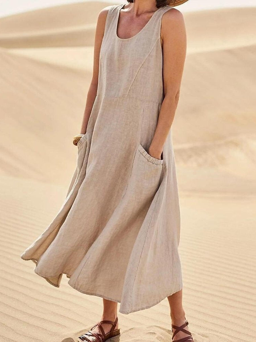 Women Sleeveless Sundress Elegant Round Neck Cotton Linen Solid Long Tank Casual Summer Dress