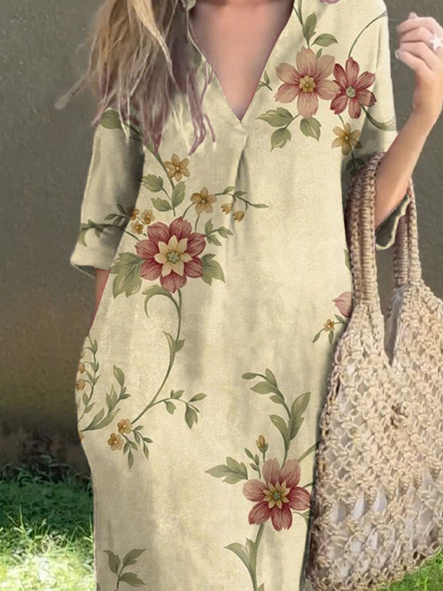 Women's Retro Elegant Floral Art Print V-Neck Linen Pocket Dress