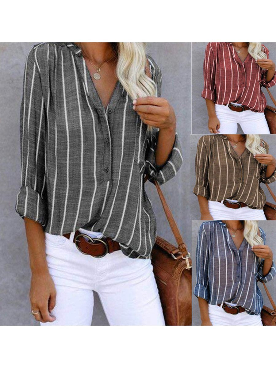 Women‘s Long Sleeve Blouse Ladies Fashion V-Neck Stripe Shirt