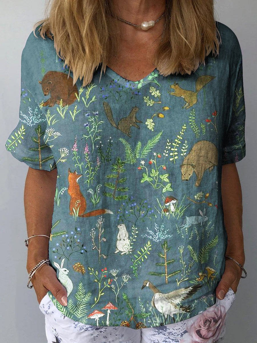 Women's Lovely Floral Animals Art Print Casual Cotton And Linen Shirt